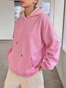 Women's Thermal Lined Hooded Sweatshirt, Casual Drawstring Kangaroo Pocket Loose Fit Sweatshirt, Thick Warm Plush Lining Pullover - Pink - View 4