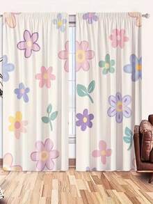 2pcs Cute Pink Floral Curtains With Privacy Protection Rod Design, Beautiful And Durable, Washable, Baby Shower Decoration, Room Decor, Baby Gift - Multicolor - View 9