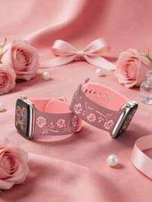 1條玫瑰雕花相容錶帶 41mm 40mm 44mm 45mm 42mm 38mm 49mm 46mm 女款，浪漫精緻花卉錶帶，柔軟矽膠運動錶帶，相容於 Series SE 11 10 9 8 7 6 5 4 3 2 1 Ultra，時尚玫瑰智慧錶帶 - 煙紫配粉玫瑰 - 查看 3