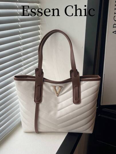 1pc White Large Capacity Contrast Color PU Quilted Tote Bag Women's Shoulder Bag