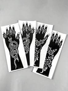 4pcs Henna Tattoo Stencil Set For Left & Right Hands, Traditional Floral Wreath + Fresh Flower Designs, Suitable For Wedding, Eid, Islamic Festivals, Music Festivals, Photoshoot - Black - View 5