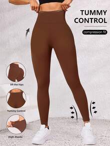 1 pieza Leggings de yoga de cintura alta marrón para mujer - Cintura alta, mezcla elástica de poliéster/spandex, superficie suave, lavable a máquina - Deportes - Marrón - Ver 2