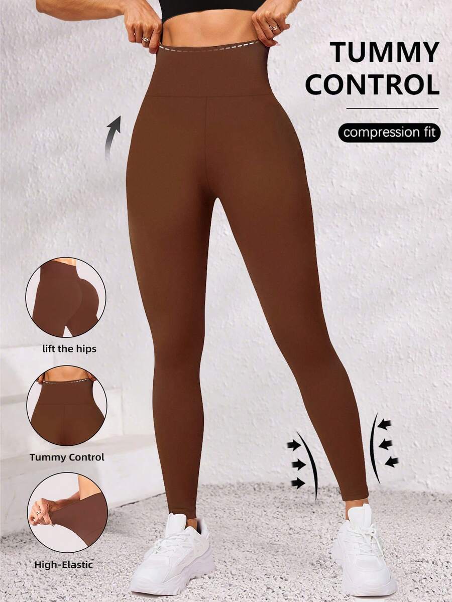 1 pieza Leggings de yoga de cintura alta marrón para mujer - Cintura alta, mezcla elástica de poliéster/spandex, superficie suave, lavable a máquina - Deportes
