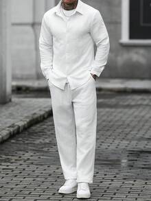 Men's Solid Color Long Sleeve Shirt And Pants Casual Daily Outfit - Apricot - View 4