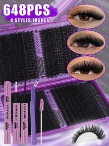 720/666/648/180 Clusters D Curl Single Strand False Eyelashes, Large Capacity, Suitable For Beginners, Long-Lasting Thick And Fluffy, Big Eye Makeup, Classic Realistic Bundled False Eyelashes, Includes Adhesive, Sealer, Tweezers, Brush - Purple - View 6