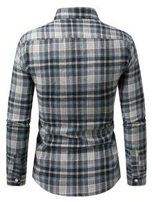 قميص رجالي كاجوال بأكمام طويلة وياقة بأزرار بنقشة مربعات، أزرق، خريف/شتاء - ازرق ضبابي - مشاهدة 3