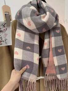 1pc Women's Double-Sided Color Block Heart Plaid Tassel Faux Cashmere Scarf, Minimalist Cute, Suitable For Autumn/Winter, Multi-Purpose, Warm Shawl Scarf, Dual-Use, Suitable For Daily Wear, Holiday Gift - Brown - View 1