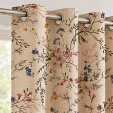 NOSBEI 2pcs Grommet Top + 3pcs Rod Pocket Faux Linen Multi-Color Wildflower Vine Curtain Set, Sheer Semi-Transparent Window Decor, Suitable For Bedroom Kitchen, Romantic Country Home Decor - Multicolor - View 12