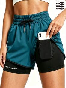 mulinsen Women's Casual Versatile Solid Color Loose Shorts, Summer Sports 2 In 1 Running Fitness Training Shorts - Lake Blue - View 2