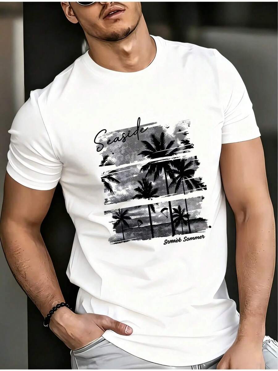 Casual Cotton T-Shirt For All Seasons With Printed Design Of Beach Palm Trees And Summer Sunset, Round Neck, Soft, Stretchy. - 白色 - 查看 1