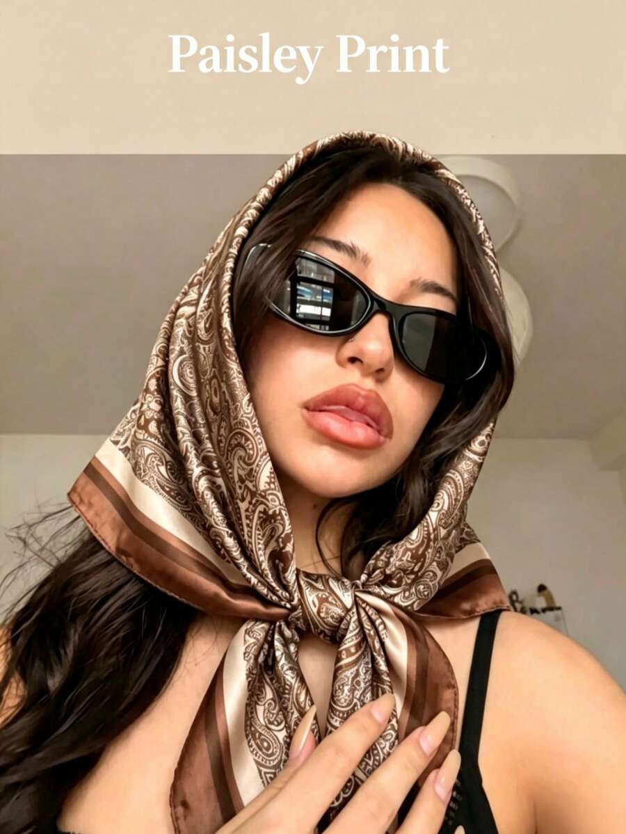 1pc Women's 70*70cm Paisley Print Faux Silk Square Scarf, Can Be Used As Belt, Bag Decoration, Ribbon, Hairband Or Headscarf, Suitable For Shopping And Travel - Camel - View 1