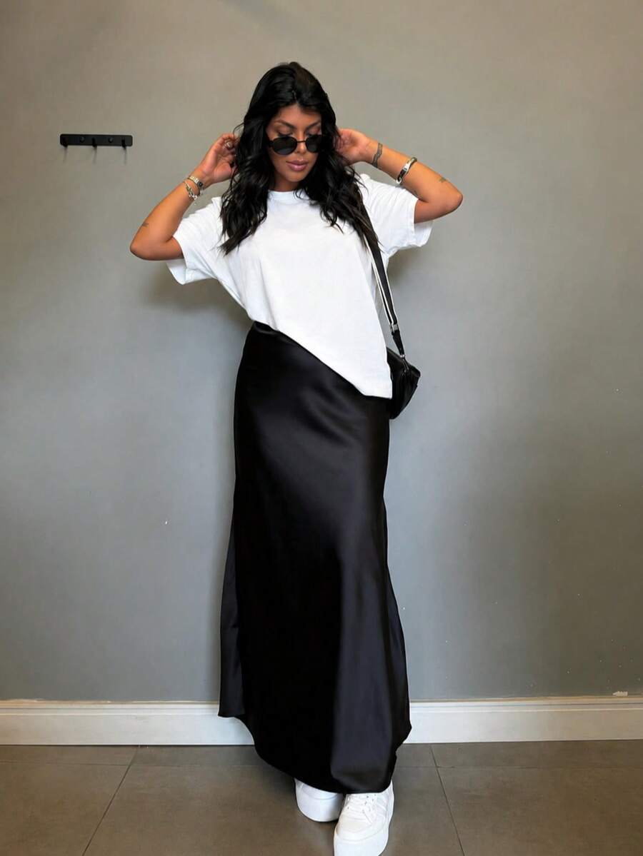 Women's Long Satin Skirt With Zipper - 深黑色 - 查看 1