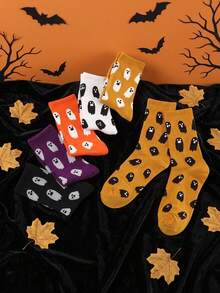 6 pares/4 pares aleatórios/3 pares aleatórios/1 par aleatório de meias de cano médio com estampa fofa de fantasma, meias divertidas e excêntricas para casal, adequadas para fantasias de Halloween - Multicolorido - Visão 8