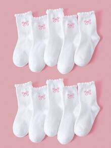 春夏 1/5/10雙女童白色公主風蕾絲襪，可愛甜美粉色蝴蝶結裝飾，簡約百搭透氣吸汗校園風中筒襪，休閒柔軟舒適校園襪，適合學校穿著/開學季/戶外活動/假期禮物/校園表演，多種組合可選 - 彩色 - 查看 14