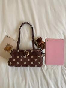 SIMUTINE 1pc Women's Vintage Versatile Classic Baguette Underarm Bag, Featuring Polka Dot Print And Leather Strap With Metal Buckle Decor, Fashionable Niche Atmosphere, Delicate Canvas Fabric, Zipper Closure, Suitable For Young Women's Spring/Autumn Commute, Date, Shopping, Daily Casual Wear (Pendant Not Included) - Coffee - View 4