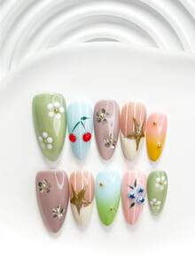 10片裝韓系清新手工穿戴甲 Polygel 凝膠美甲套組，櫻桃、海星、藍莓圖案，藍綠色系活力風，含美甲工具，3種尺寸可選，方型、短方型、杏仁型，適合派對、舞蹈、日常配戴 - 彩色 - 查看 20