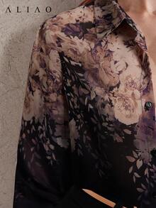 ALIAO Spring/Autumn Black Base Apricot & Purple Floral Print Sheer Long Sleeve Blouse, Casual Vacation Style For Daily Wear And Outings Summer - Apricot Purple On Black - View 3