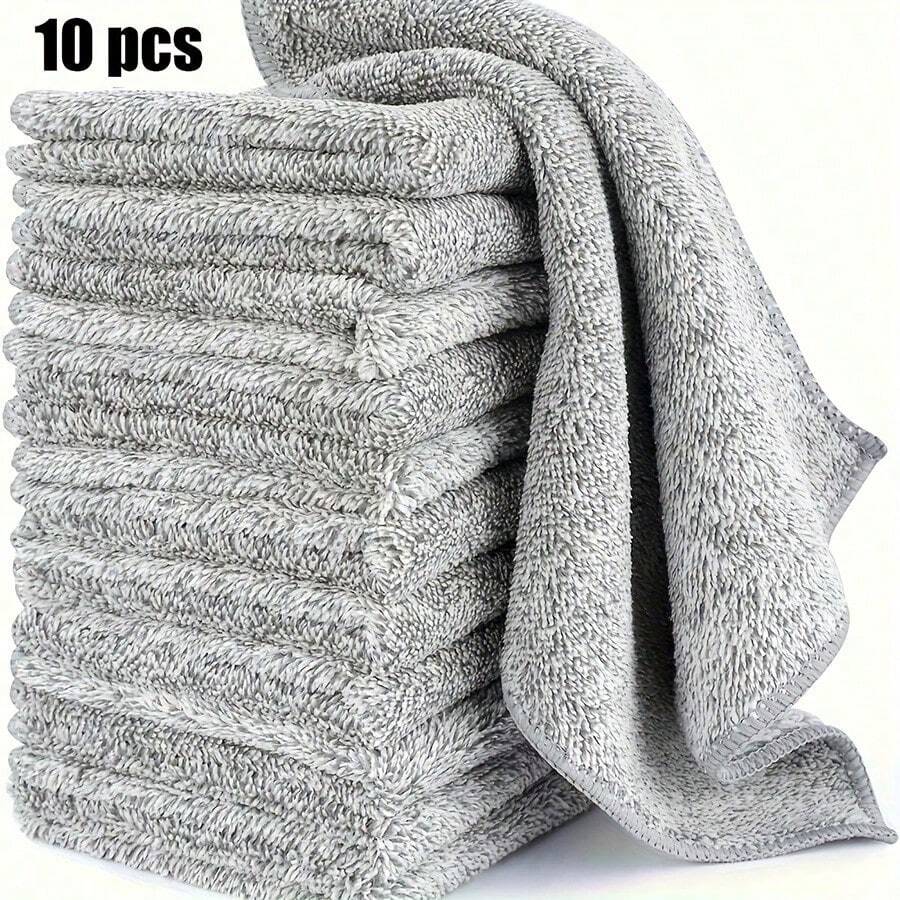 10pcs Super Absorbent Microfiber Cleaning Cloths, Thickened Quick-Dry Bamboo Charcoal Fiber Towels, Suitable For Car And Kitchen, Non-Greasy, Machine Washable