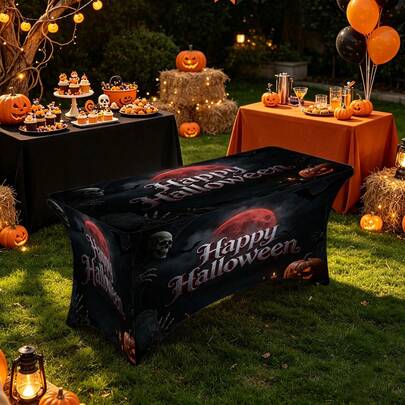 1pc Halloween Pattern Printed High Elasticity Tablecloth With Elastic Band - Stretchable Fit, Washable And Reusable Table Cover Suitable For Dining Table, Buffet Table, Dessert Table, Banquet, Holiday Party Decoration, Halloween, Birthday, Wedding - Suitable For Kitchen Use
