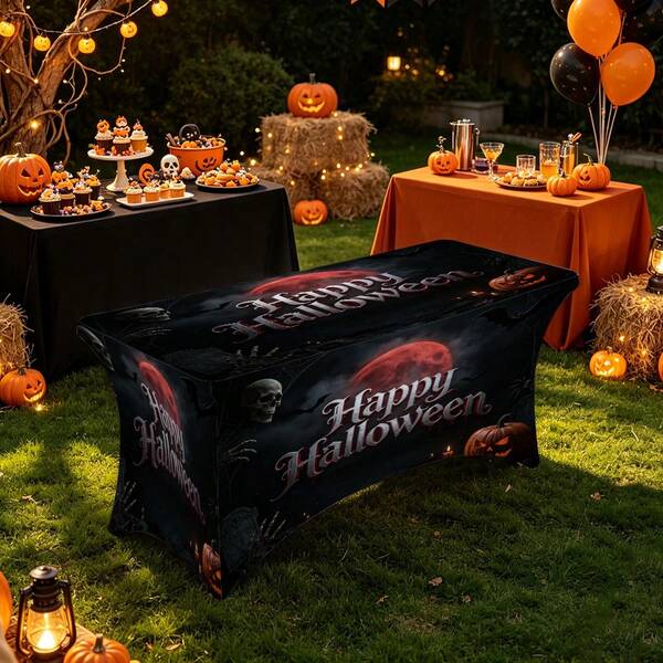 1pc Halloween Pattern Printed High Elasticity Tablecloth With Elastic Band - Stretchable Fit, Washable And Reusable Table Cover Suitable For Dining Table, Buffet Table, Dessert Table, Banquet, Holiday Party Decoration, Halloween, Birthday, Wedding - Suitable For Kitchen Use