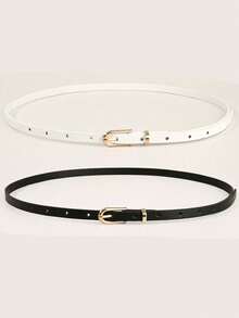 1/4pcs Women's Classic PU Leather Thin Belt Set, Solid Color Square Buckle Adjustable Waist Belt, Suitable For Pants, Dresses, Casual, Office, Party And Other Occasions, Essential Wardrobe Accessory - Gold Buckle 100 - View 14