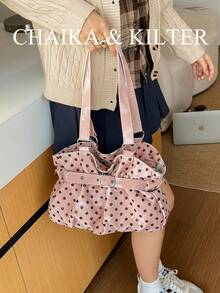 CHAIKA & KILTER 1件裝拼色PU布料托特包，女款時尚單肩托特包，滿版圓點圖案，雙手柄設計，拉鍊開合，飾帶裝飾，適合日常與街頭穿搭 - 粉色 - 查看 6