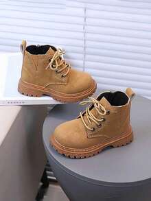 1 Pair Kids Spring Autumn Boots, New Style Boys & Girls Boots, Side Zipper Thick Sole Anti-Slip Wear-Resistant, Versatile Fashion Boots For Toddlers - Brown - View 2