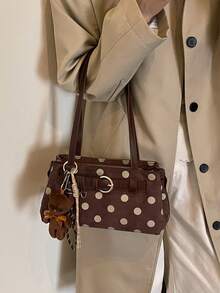 SIMUTINE 1pc Women's Vintage Versatile Classic Baguette Underarm Bag, Featuring Polka Dot Print And Leather Strap With Metal Buckle Decor, Fashionable Niche Atmosphere, Delicate Canvas Fabric, Zipper Closure, Suitable For Young Women's Spring/Autumn Commute, Date, Shopping, Daily Casual Wear (Pendant Not Included) - Coffee - View 8