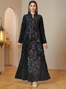 Warm Winter Velvet Muslim Abaya V-Neck Stand Neck Floral Applique Moroccan Kaftan Ladies Formal Dress - Black - View 2