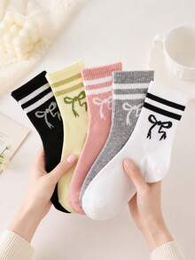 1/5/10pcs Women's Random Striped Bowknot Solid Color Minimalist Fashion Mid-Calf Socks, Soft Comfortable Breathable All-Season Versatile Preppy Casual Sports Suitable For Daily Wear - Multicolor - View 2