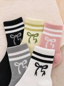 1/5/10pcs Women's Random Striped Bowknot Solid Color Minimalist Fashion Mid-Calf Socks, Soft Comfortable Breathable All-Season Versatile Preppy Casual Sports Suitable For Daily Wear - Multicolor - View 5