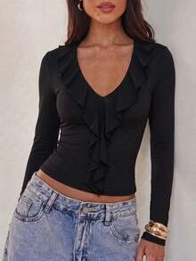 Elegant Fashion Deep V-Neck Ruffle Long Sleeve Slim Fit Women's Top, Autumn/Winter New Style, Versatile For Layering Or Wearing Alone Casual - Black - View 3