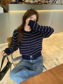 Korean Style Striped Knit Cardigan, Autumn Casual Short Length Long Sleeve Thin Cardigan Sweater, Women's Open Front Jacket - Navy Blue - View 7