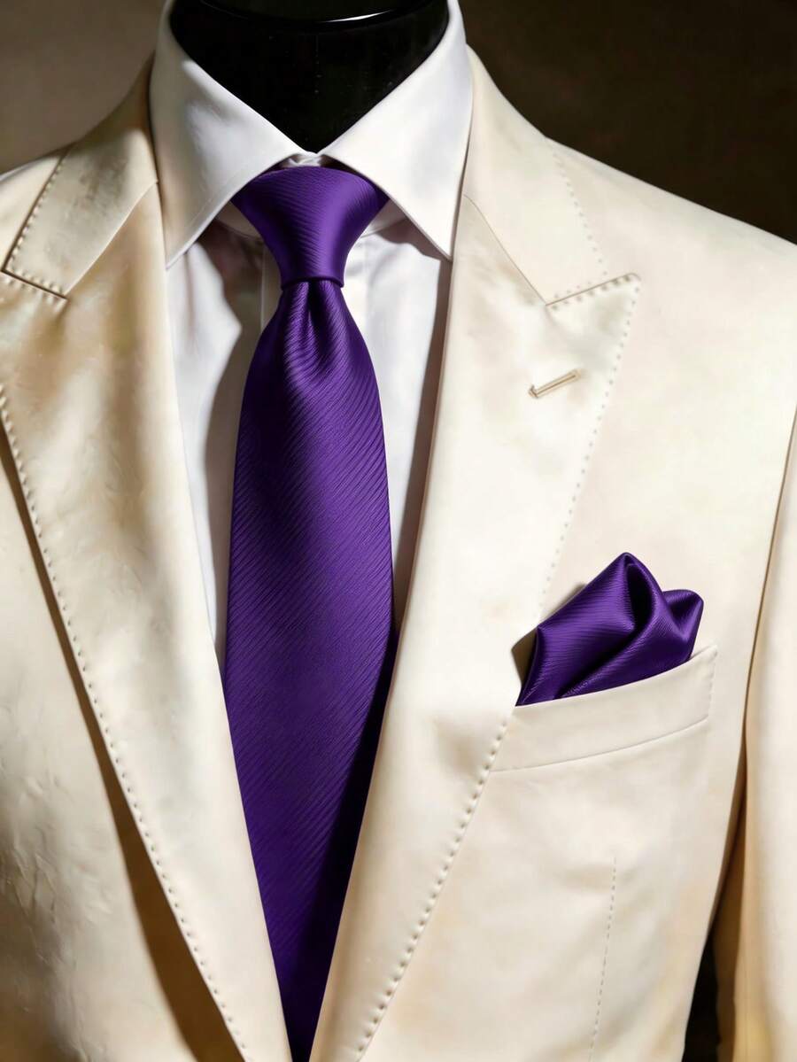 1 pieza Conjunto de corbata y pañuelo de bolsillo de 8 cm de unicolor acanalado para hombre, conjunto de corbata para novio en boda y fiesta - Morado - Ver 1