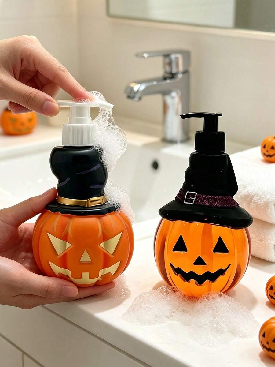 1pc Halloween Pumpkin Shaped Dispenser Bottle 350ml Jack-O'-Lantern With Witch Hat Design, Shampoo Body Wash Hand Soap Universal Storage Empty Bottle, Halloween Bathroom Decor Gift Container, Halloween Gift, Refillable - Orange - View 1