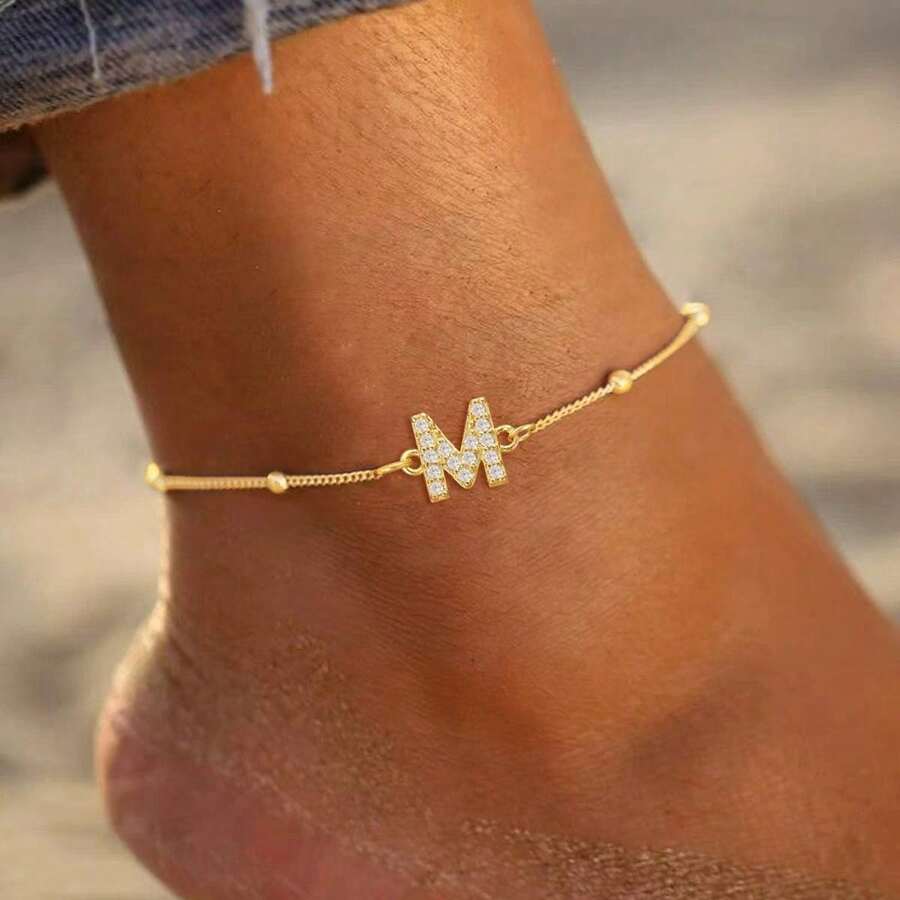 1pc Simple Classic Initial Gold Color Stainless Steel Bead Chain Anklets For Women - Yellow Gold - View 1