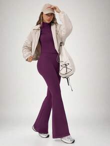 NcmRyu One Set Women's Seamless Ribbed Zip-Up Mock Neck Long Sleeve Flare Pants Sports Set - Purple - View 9