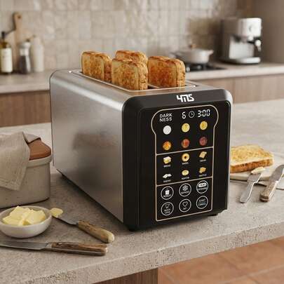 4 Slice Toaster, YMS Smart Stainless Steel Toaster With Touch Screen, Auto Lifting, Digital Timer & Memory, 6 Shade Settings, 6 Bread Modes, Defrost/Reheat/Bagel, Compact Small Toaster For Kitchen, RV, Office, Apartment, Dorm Essentials SS202
