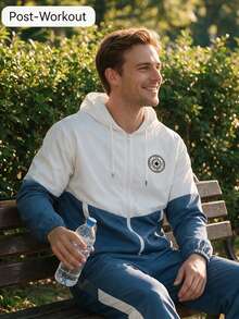 Men's Spring/Autumn Colorblock 2-Piece Sports Set | Hooded Zip-Up Jacket + Drawstring Cuffed Pants, Compass Print Casual Outdoor Outfit - Blue - View 5