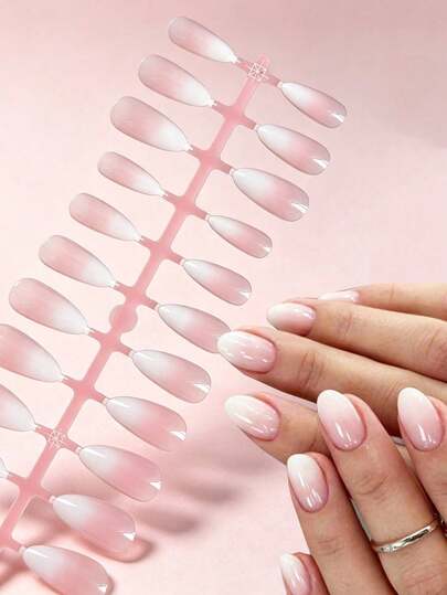 30pcs Short Almond Minimalist Ombre Nail Stickers, With Pink And White Gradient Glitter Texture, Suitable For Women And Girls DIY Minimalist Style Fake Nail Stickers