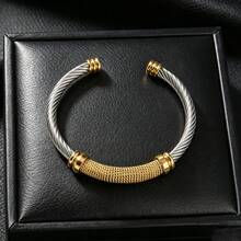 Vintage Fashion Classic Stainless Steel 18K Gold Plated & Silver Dual-Tone Braided Bracelet, Unisex, Suitable For Daily Wear And Party - Gold - View 6