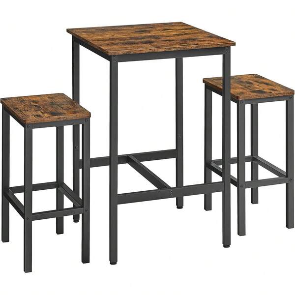 Mesa de bar cuadrada estilo industrial marrón rústico y negro junto con 2 taburetes, marco de acero, medidas 60 x 60 x 90 cm, ideal para cocina y salón