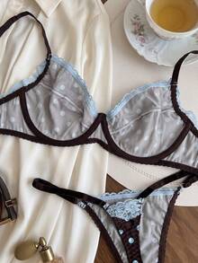 Polka Dot Bra Set, Lace Bow Thong, Cute Sexy Lingerie 2-Piece Set - Brown - View 6
