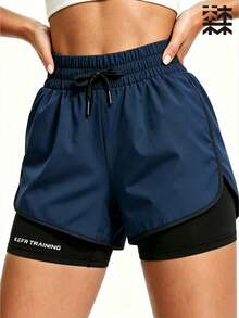 mulinsen Women's Casual Versatile Solid Color Loose Shorts, Summer Sports 2 In 1 Running Fitness Training Athletic Shorts - Navy Blue - View 4