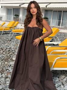 Vuslat Women's Summer Deep Coffee Solid Color Elastic Ruched Strapless Straight Neckline Draped Loose Floor-Length Dress With Large Hem, - Dark Brown - View 5