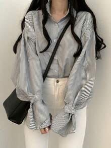 Korean Style Autumn Design Niche Fine Striped Loose Fit Shirt Women Minimalist Versatile Long Sleeve Top - Black - View 1