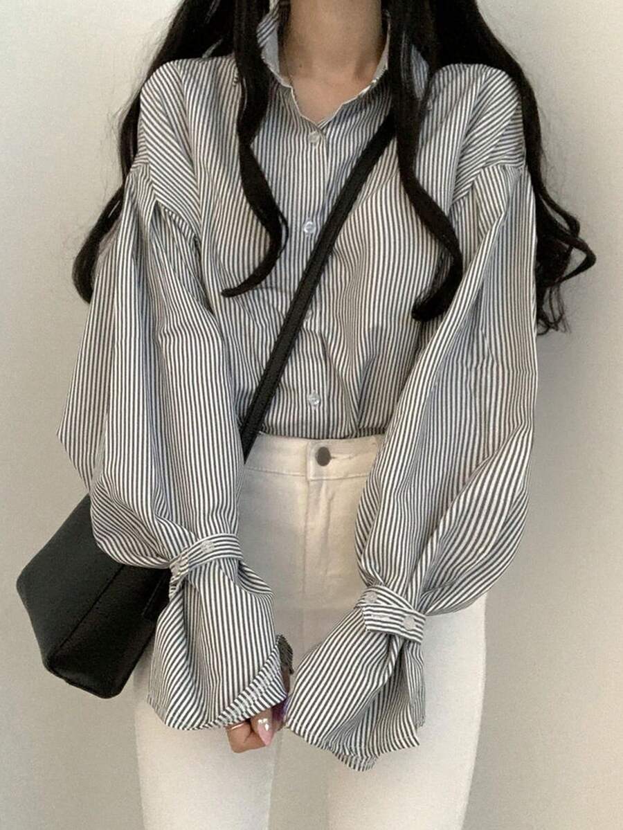 Korean Style Autumn Design Niche Fine Striped Loose Fit Shirt Women Minimalist Versatile Long Sleeve Top - Black - View 1