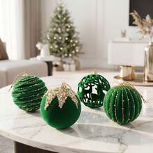 4/6pcs Christmas Ball Set, Blue Painted Green Flocked Mori Style Multi-Design Christmas Tree Hanging Ornaments, 10cm Christmas Decoration - Multicolor - View 3