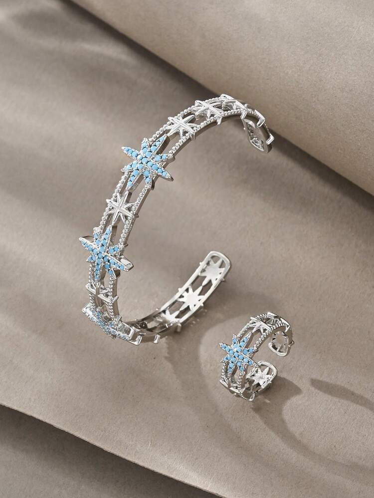 Set Gelang Perak, Tembaga Serbaguna dengan Inlay Zirkonia, Cocok untuk Pemakaian Sehari-hari, Pertemuan, Kencan, Pesta, dan Hadiah. - Perak - View 1