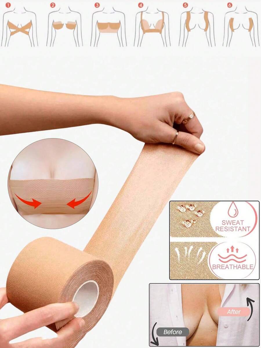 5cm*5m Breast Lift Tape, Invisible Waterproof Sweat-Proof, Skin-Friendly Self-Adhesive Chest Tape, Suitable For Backless Dresses, Weddings And Parties - Beige - View 1